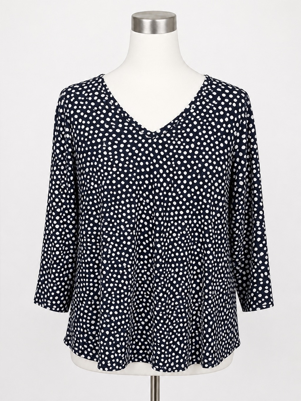 Chico's Navy Blue White Polka Dot V-Neck 3/4 Sleeve Pima Cotton Top Size 3/US XL